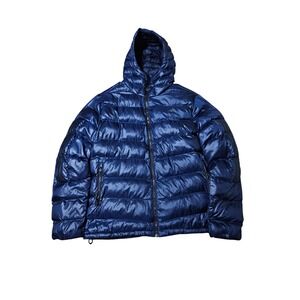 Adidas Itavic 3-Stripes Mens L Blue Hooded Puffer Jacket Full Zip Winter Coat